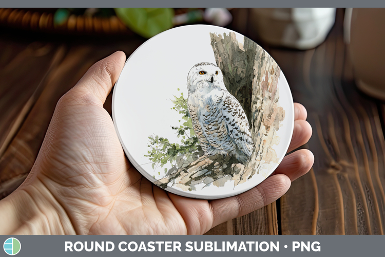 Snowy Owl Owls Sketch Round Coaster Sublimation Design