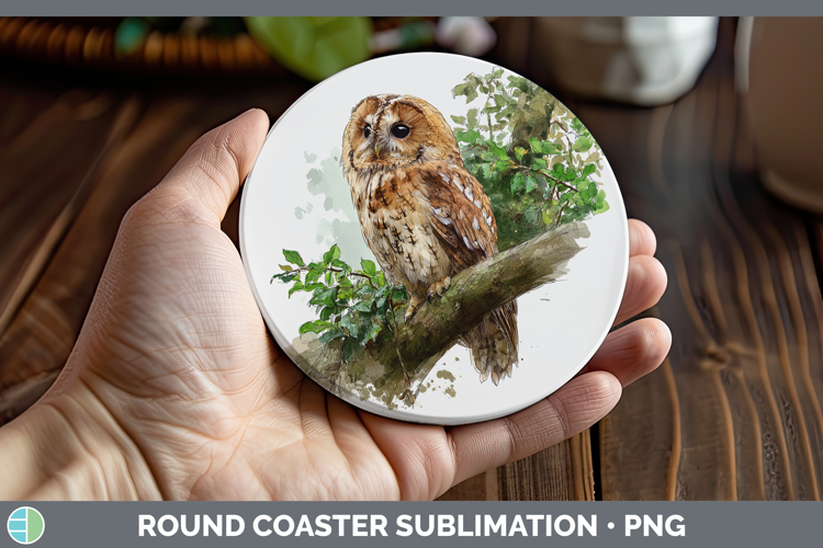 Tawny Owl Owls Sketch Round Coaster Sublimation Design