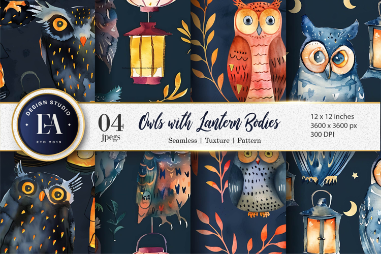 Owls with Lantern Bodies Watercolor Digital Paper