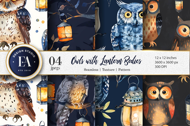 Owls with Lantern Bodies Watercolor Digital Paper
