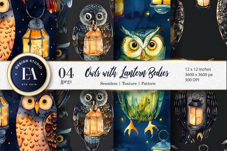 Lantern Owls Hand-Painted Seamless Digital Paper