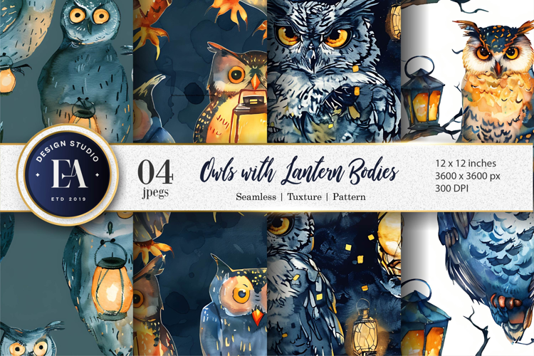 Lantern Owls Hand-Painted Seamless Digital Paper