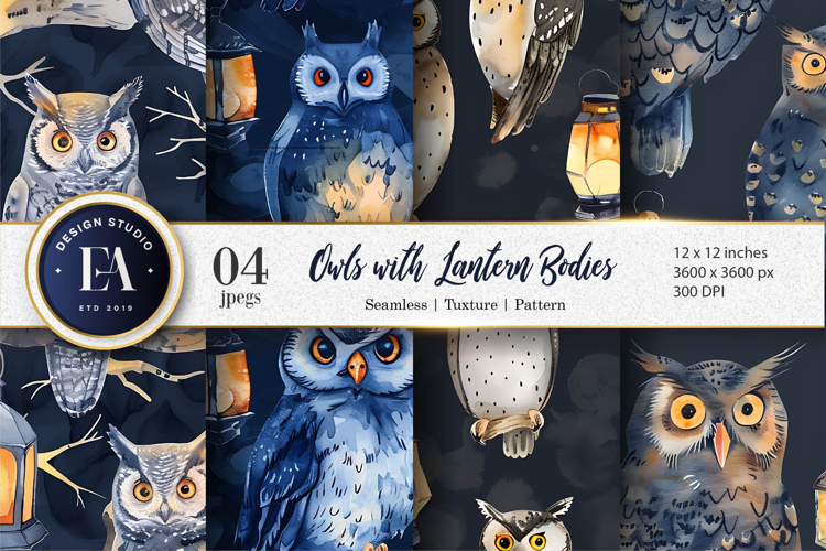 Owls with Glowing Lanterns Watercolor Digital Paper