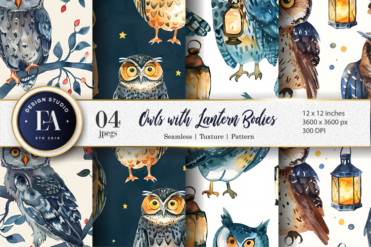 Owls with Lantern Bodies Watercolor Digital Paper