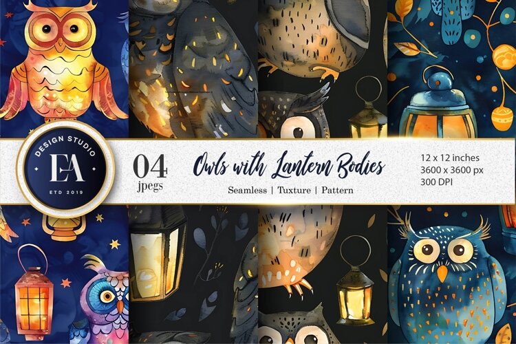 Owls with Glowing Lanterns Watercolor Digital Paper example image 1