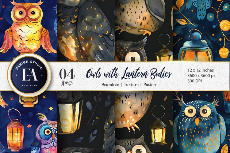 Owls with Glowing Lanterns Watercolor Digital Paper