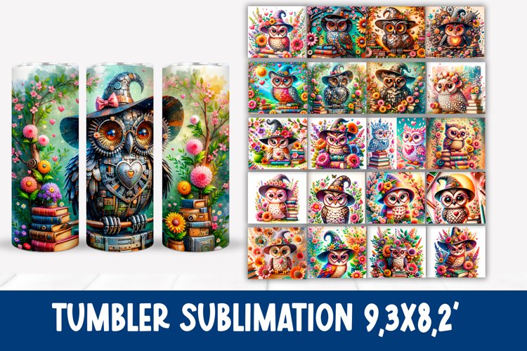 Owl flower stack books tumblers sublimation wrap bundle