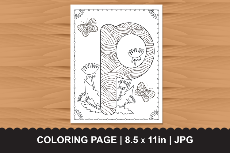 Letter P Coloring Page with Butterflies and Flowers
