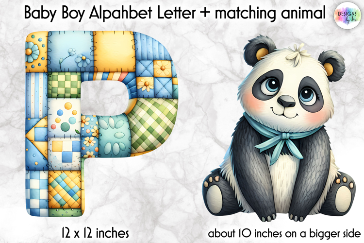 Cute Patchwork Baby Alphabet and Baby Animals PNG, Monogram