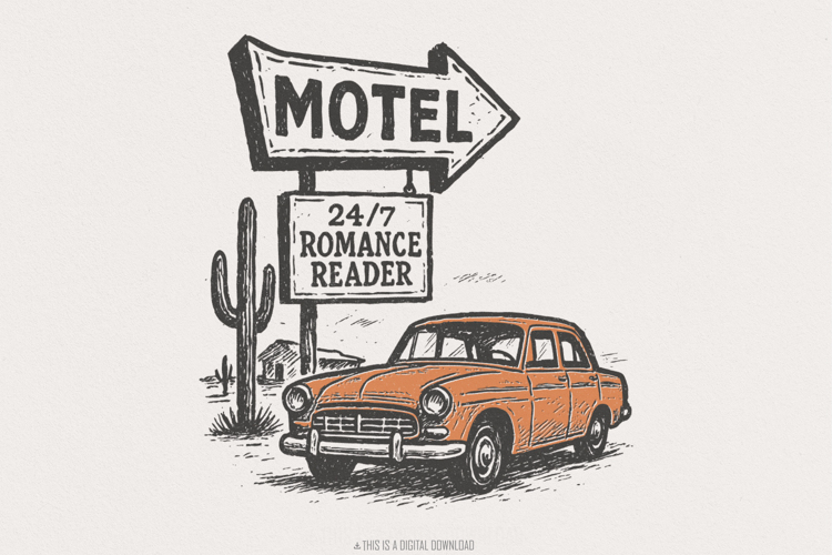 24/7 Romance Reader Motel PNG, Retro Car Art Digital