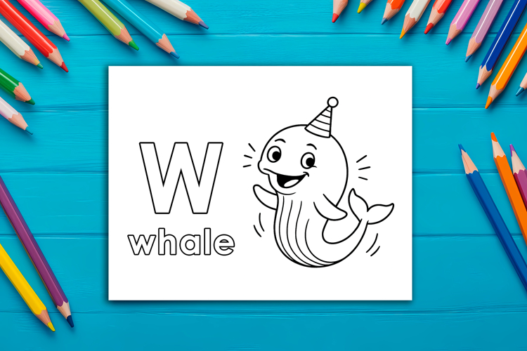 Letter W Coloring Page, Whale Printable Design for Kids