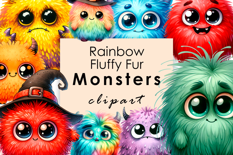 Rainbow Watercolor Halloween Fluffy Fur Monsters Clipart PNG