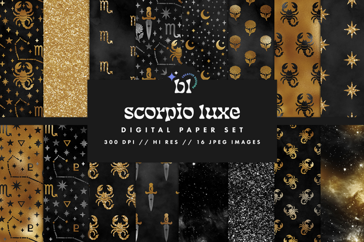 16 Black & Gold Scorpio Zodiac Seamless Patterns
