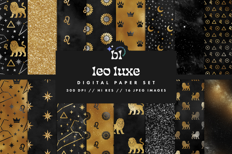 16 Black & Gold Leo Zodiac Seamless Patterns