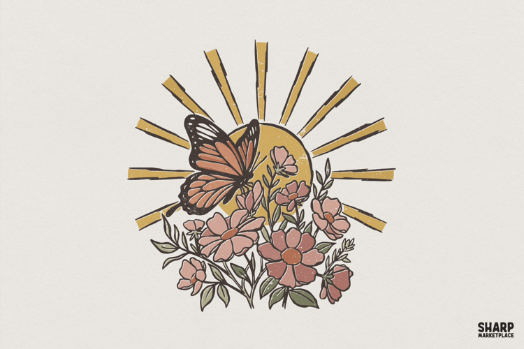 Butterfly Sun Floral PNG, Boho Sunshine Flower T-Shirt