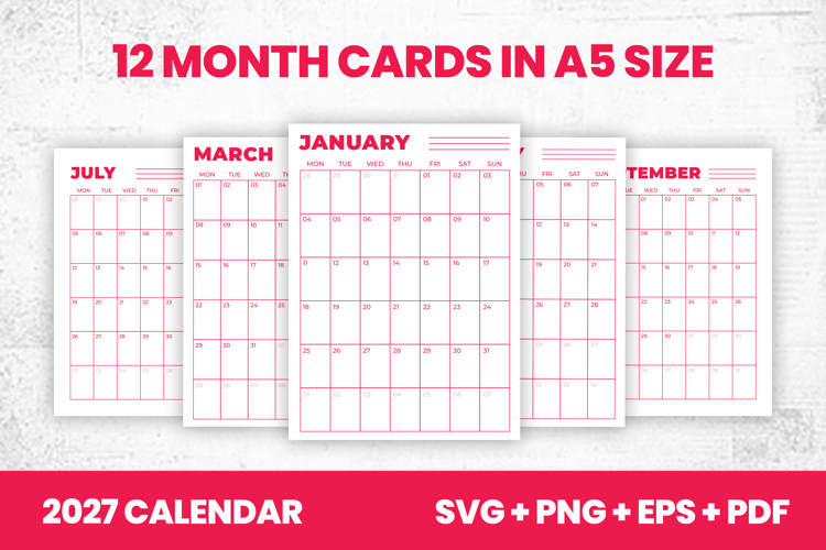 2027 Monthly Calendar Cards SVG PDF
