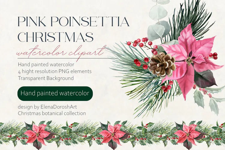 Christmas Poinsettia Watercolor Bouquets & Floral Border