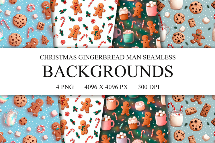 4 Gingerbread Man Seamless Patterns, Christmas Digital Paper
