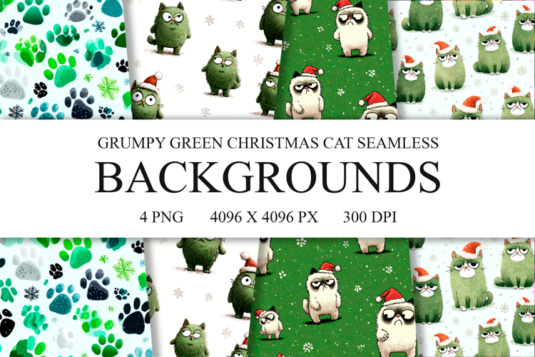 4 Grumpy Green Cat Seamless Patterns, Xmas Digital Paper PNG