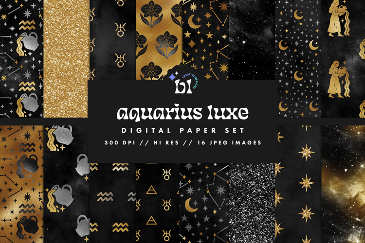 16 Black & Gold Aquarius Zodiac Seamless Patterns