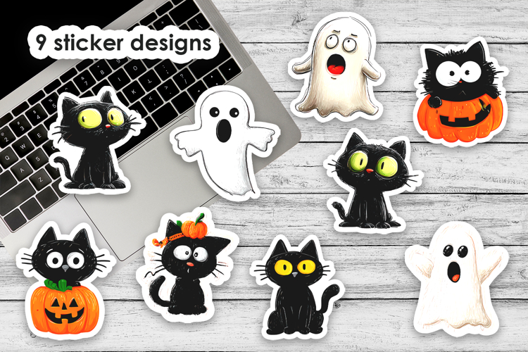 Halloween Black Kitten Printable Stickers PNG Files