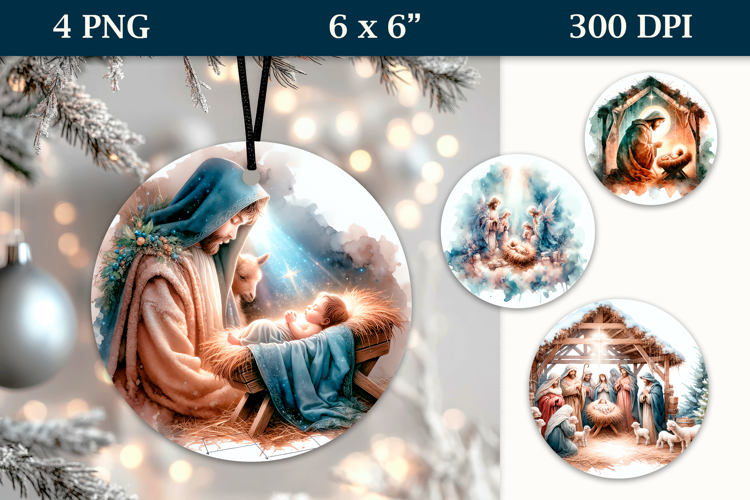 4 Nativity Round Ornaments, Xmas Sublimation PNG