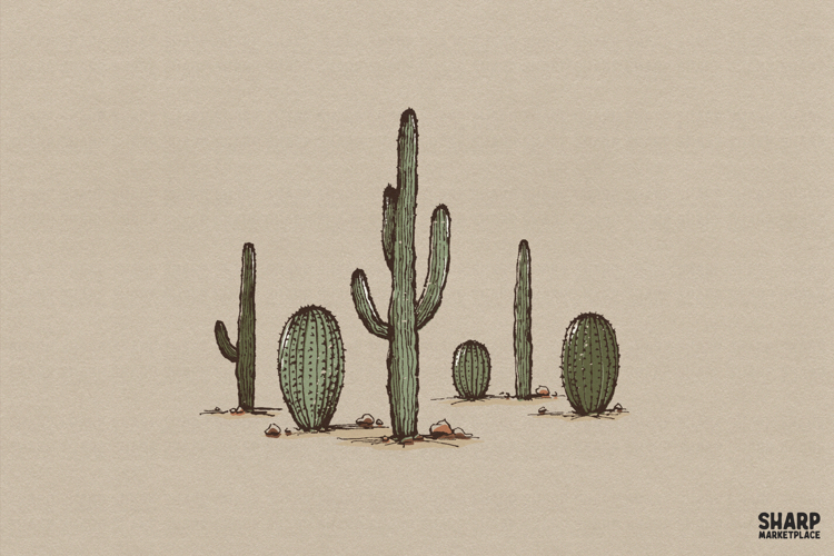 Vintage Desert Cacti Landscape Illustration, Western PNG