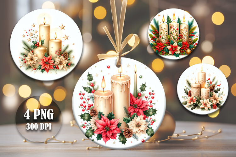 4 Christmas Candles Round Ornaments, Xmas Sublimation PNG