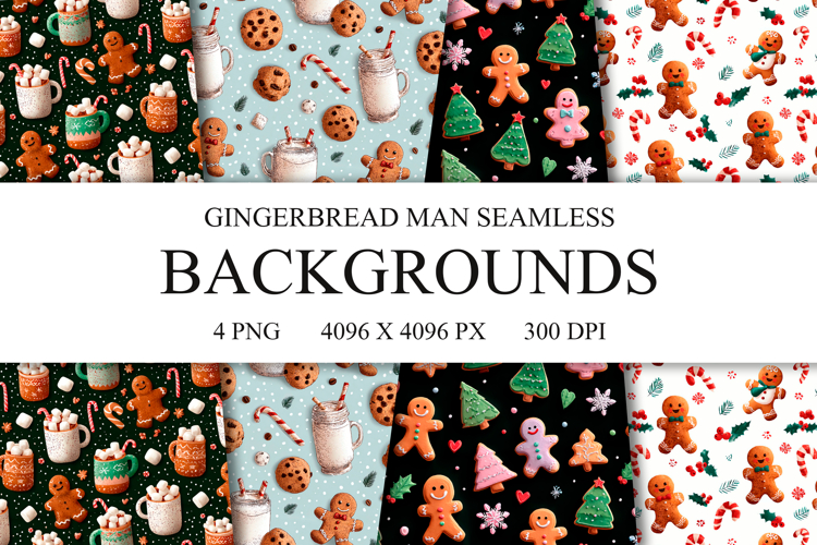 4 Gingerbread Man Seamless Patterns, Xmas Digital Paper PNG