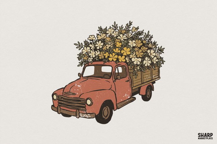 Vintage Flower Truck PNG Design, Rustic Floral Pickup