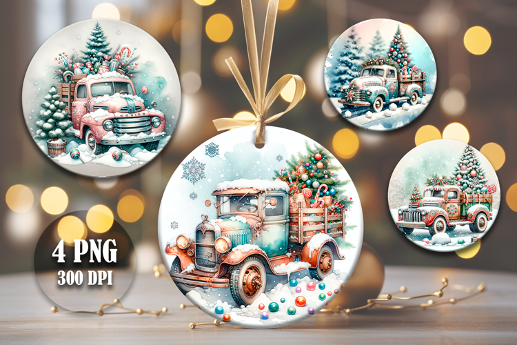 4 Vintage Christmas Truck Round Ornaments, Xmas Sublimation