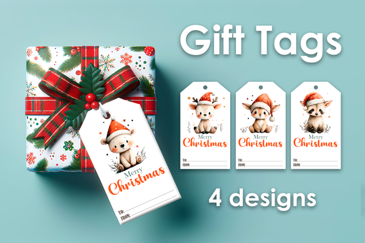 4 Cute Christmas Animal Gift Tags, Printable Gift Tags PNG