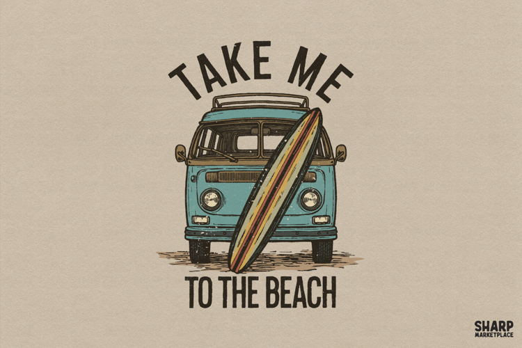 Take Me To The Beach PNG, Retro Surf Van With Surfboard