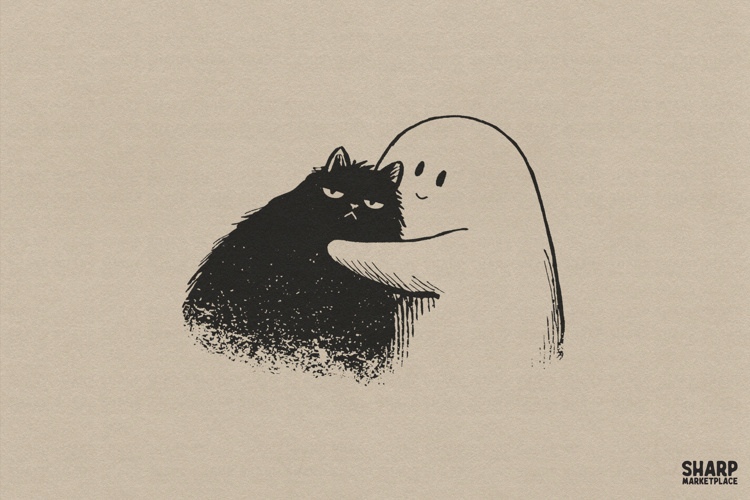Cute Ghost Hugging A Grumpy Black Cat, Halloween Spooky