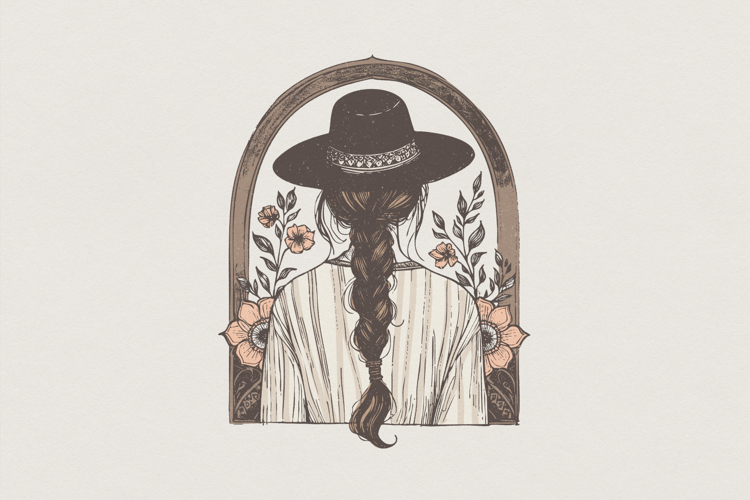 Cowgirl PNG, Western Boho Art, Braided Hair Woman, Floral