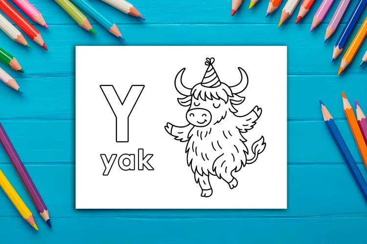 Letter Y Coloring Page, Yak Printable Design for Kids