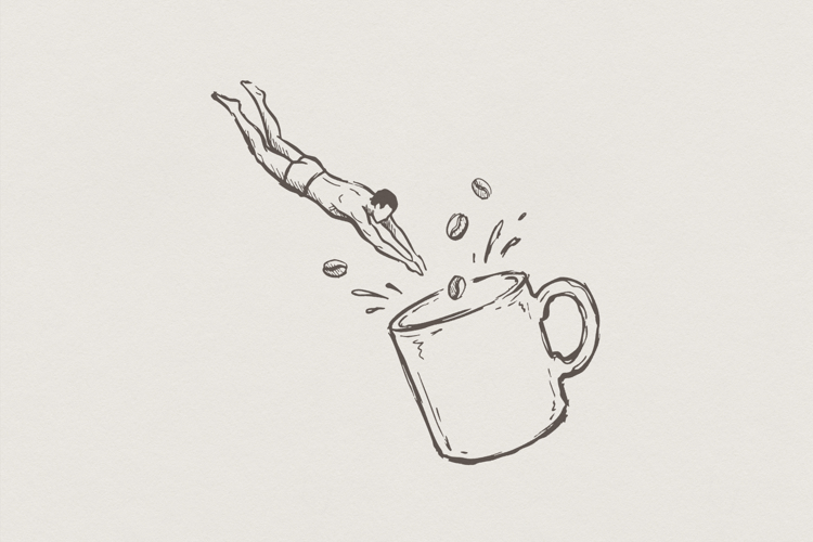 Coffee Dive PNG, Swimmer Cup Art, Coffee Humor Design