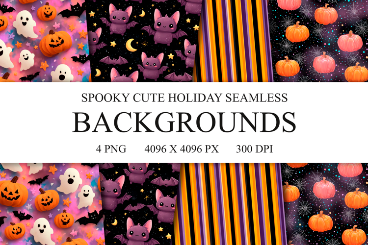 4 Spooky Cute Holiday Seamless Patterns, Digital Paper PNG