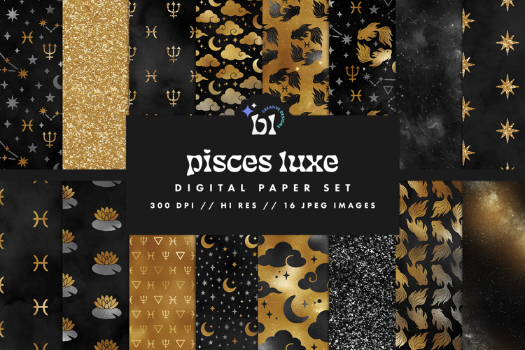 16 Black & Gold Pisces Zodiac Seamless Patterns