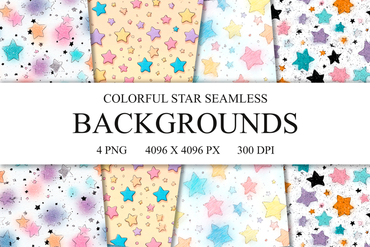 4 Colorful Star Seamless Patterns, Rainbow Digital Paper PNG