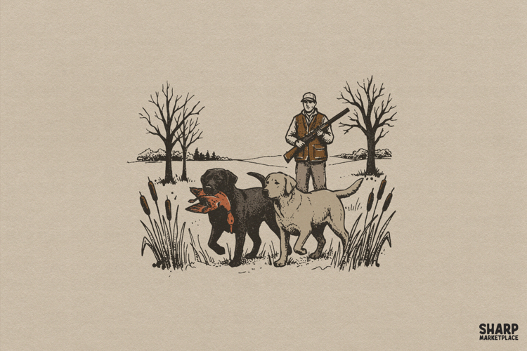 Vintage Duck Hunter With Loyal Retrievers Artwork, PNG