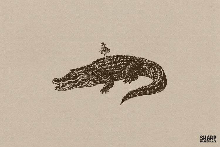 Surreal Vintage Ballerina Dancing on Alligator, Funny PNG