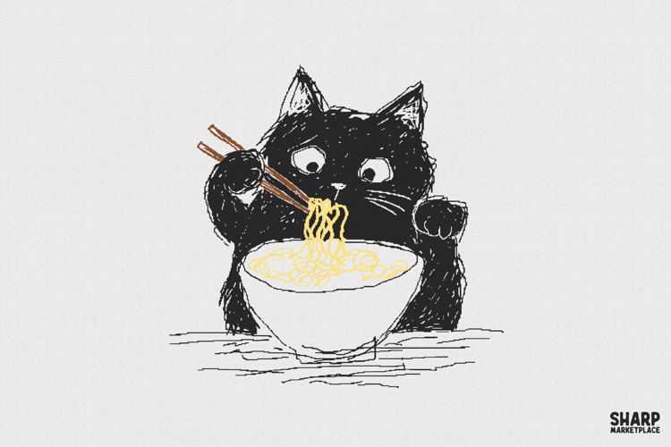 Black Cat Eating Noodles PNG, Cute Japanese Ramen Kitty