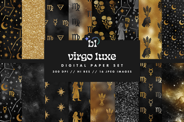 16 Black & Gold Virgo Zodiac Seamless Patterns