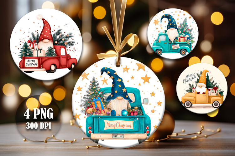 4 Whimsical Holiday Gnome Round Ornaments, Christmas designs