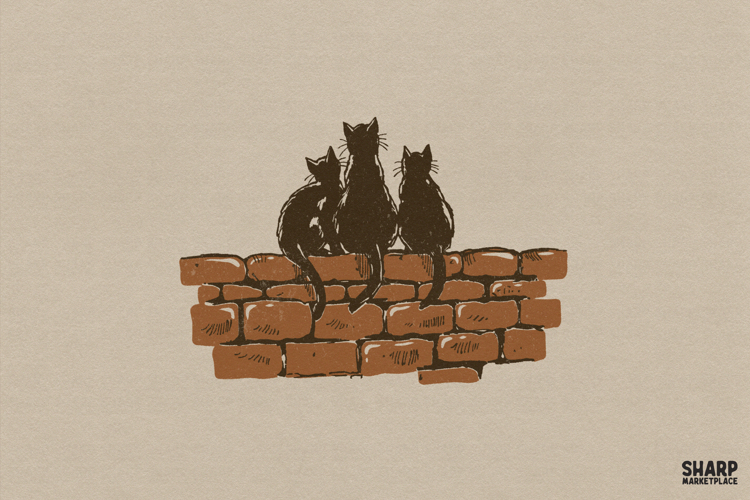 Three Black Cats Sitting On A Brick Wall Feline Silhouette