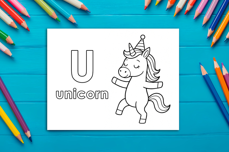 Letter U Coloring Page, Unicorn Printable Design for Kids