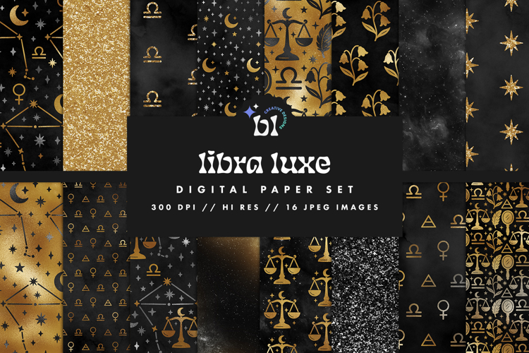 16 Black & Gold Libra Zodiac Seamless Patterns