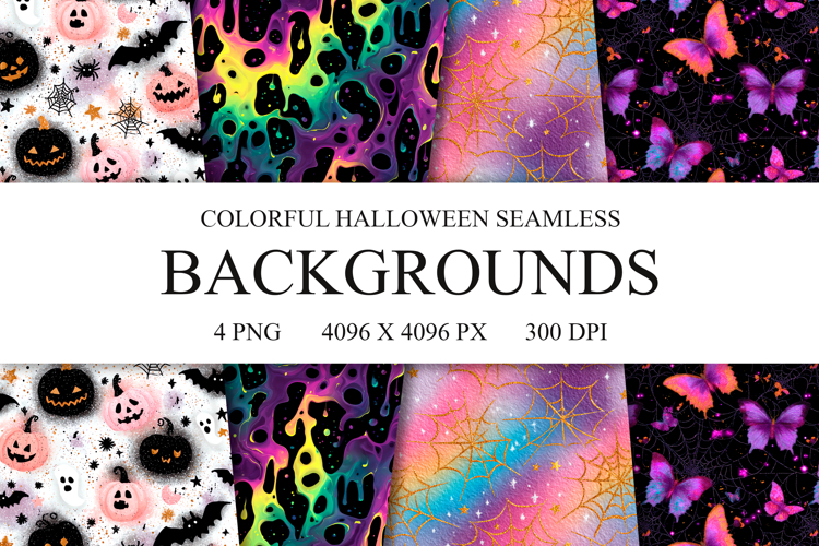 4 Colorful Halloween Seamless Patterns, Digital Paper PNG