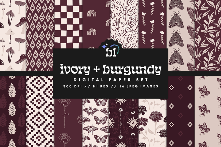 16 Ivory & Burgundy Seamless Patterns